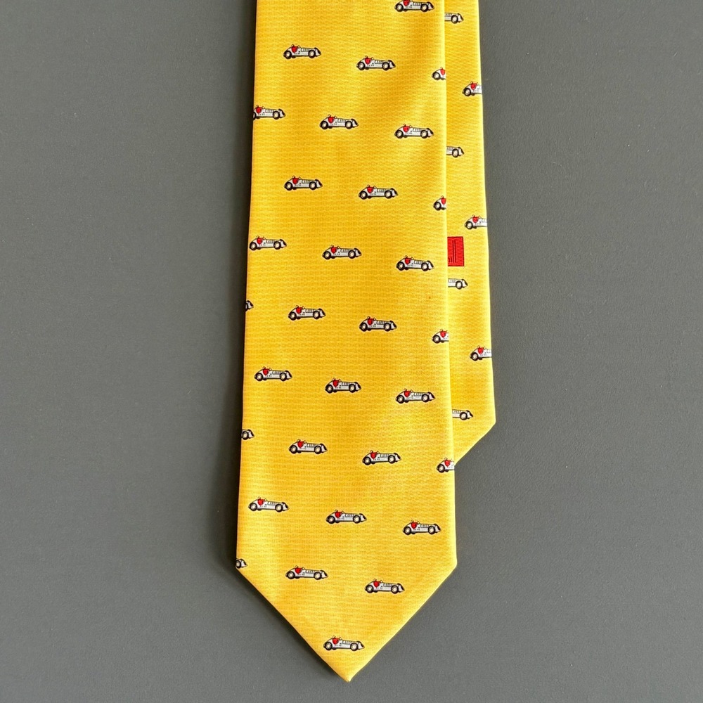 Dunhill Yellow Silk Tie | 58" x 4" | Vintage Race Car Roadster - Made in Italy